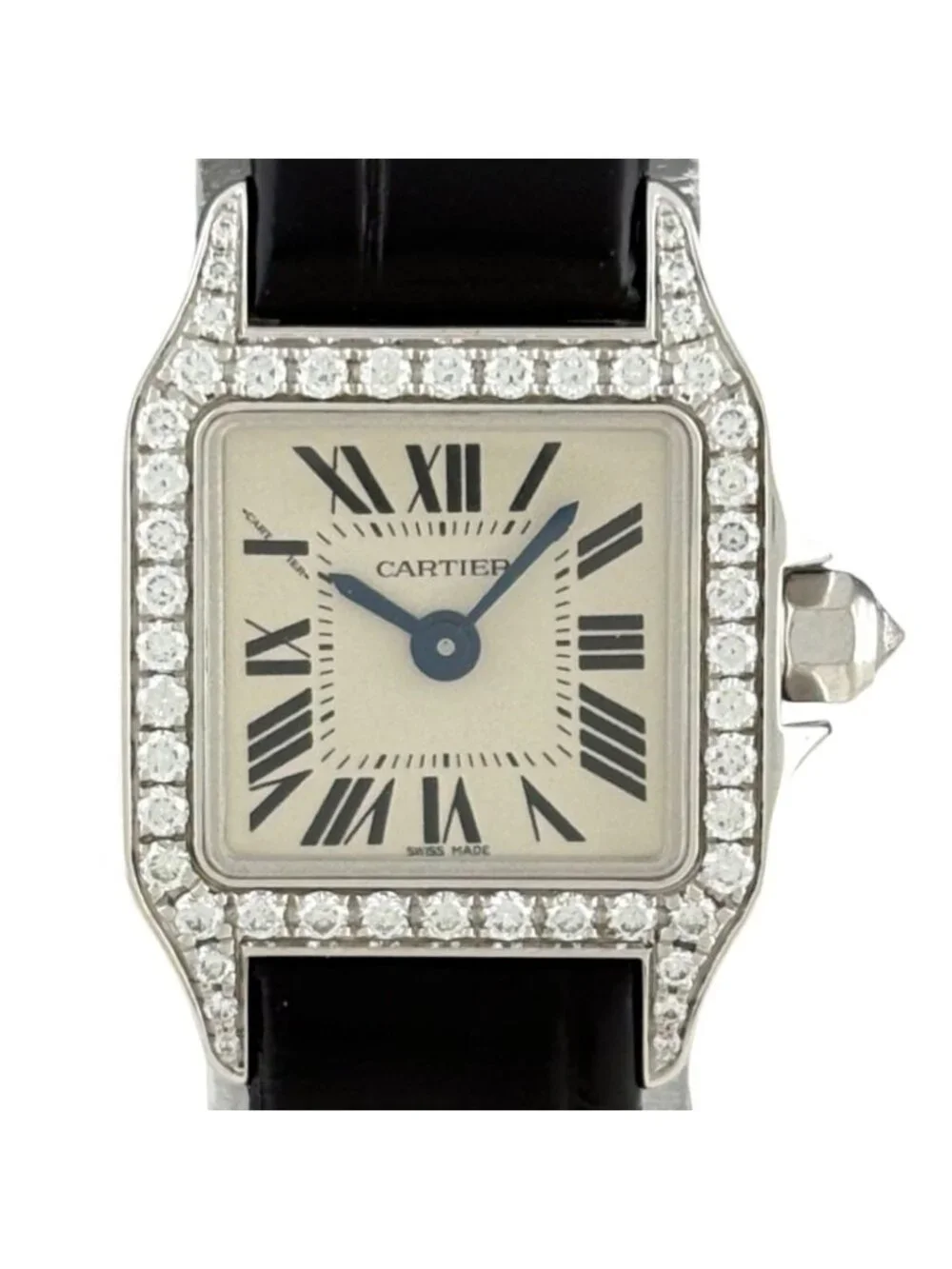 Cartier Santos Mini Watch WG Diamond Leather Quartz Silver